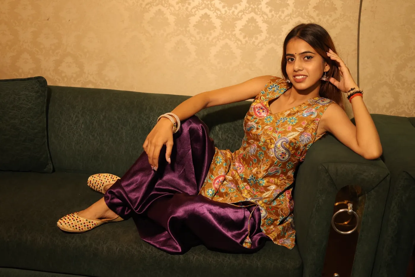 Ochre embroidered kurti with plum drape