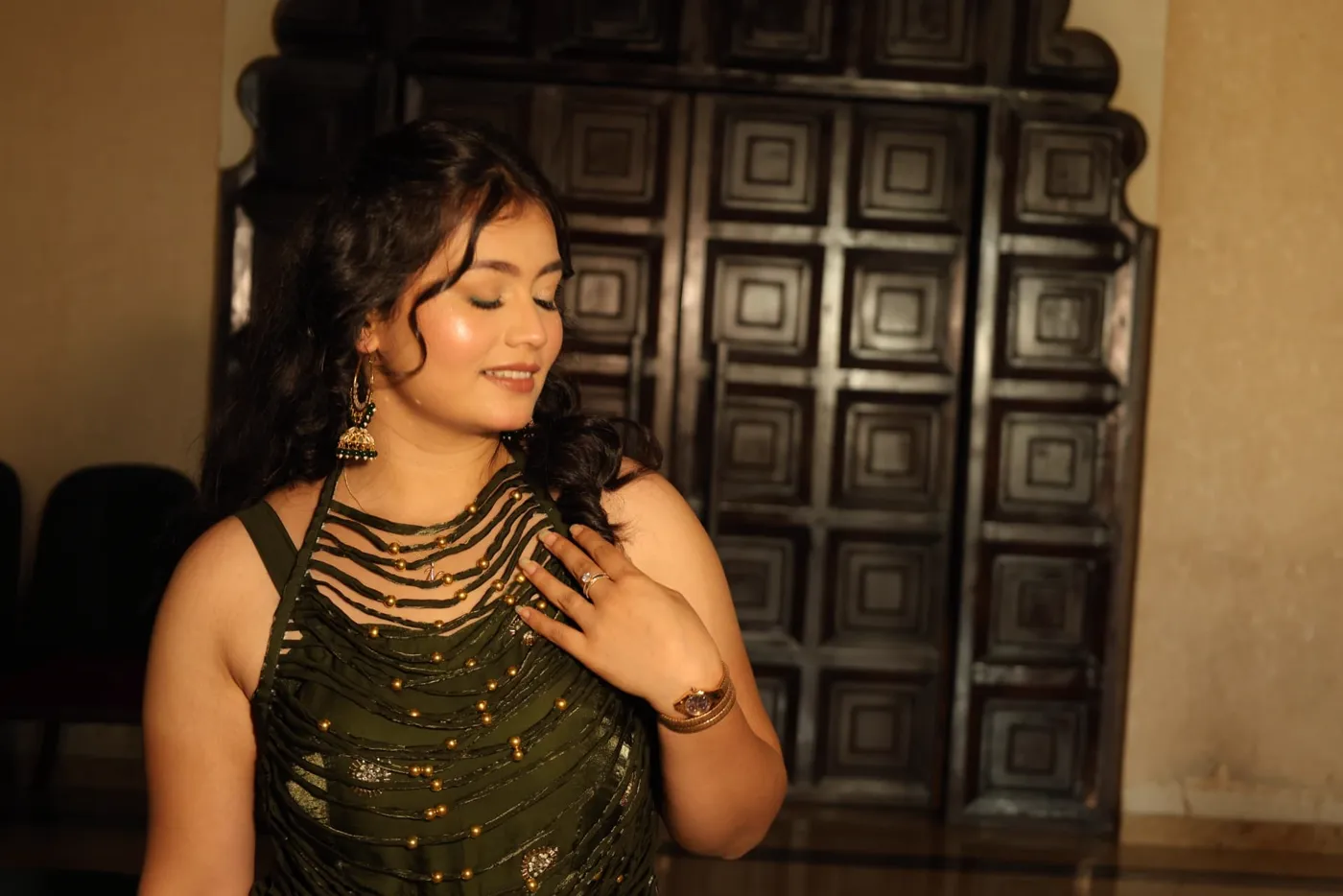 Olive embellished drape kurti detail