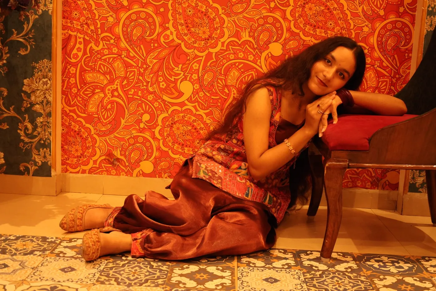 Kalamkari kurti with satin drape