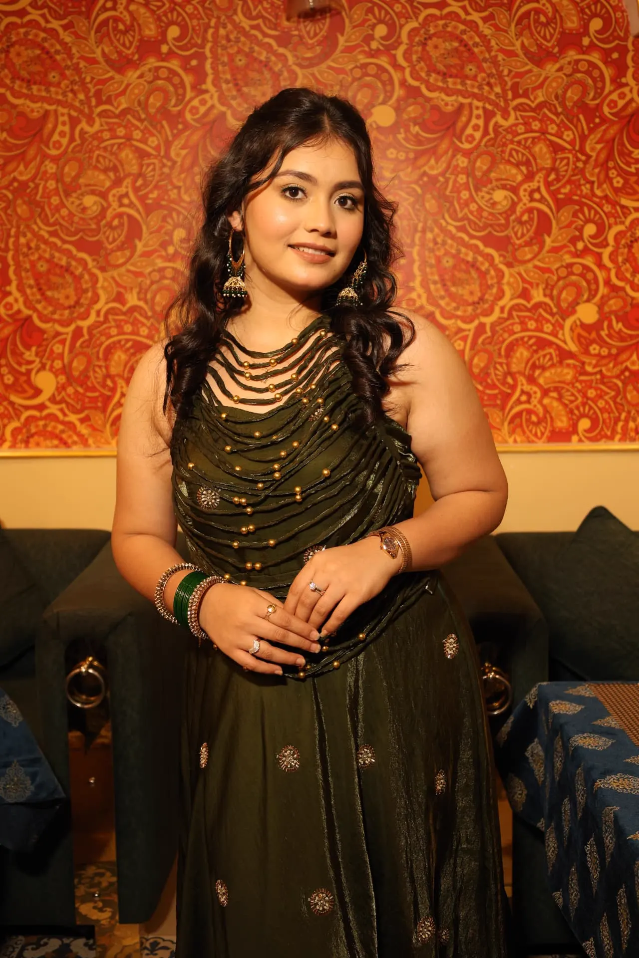 Olive embellished drape gown